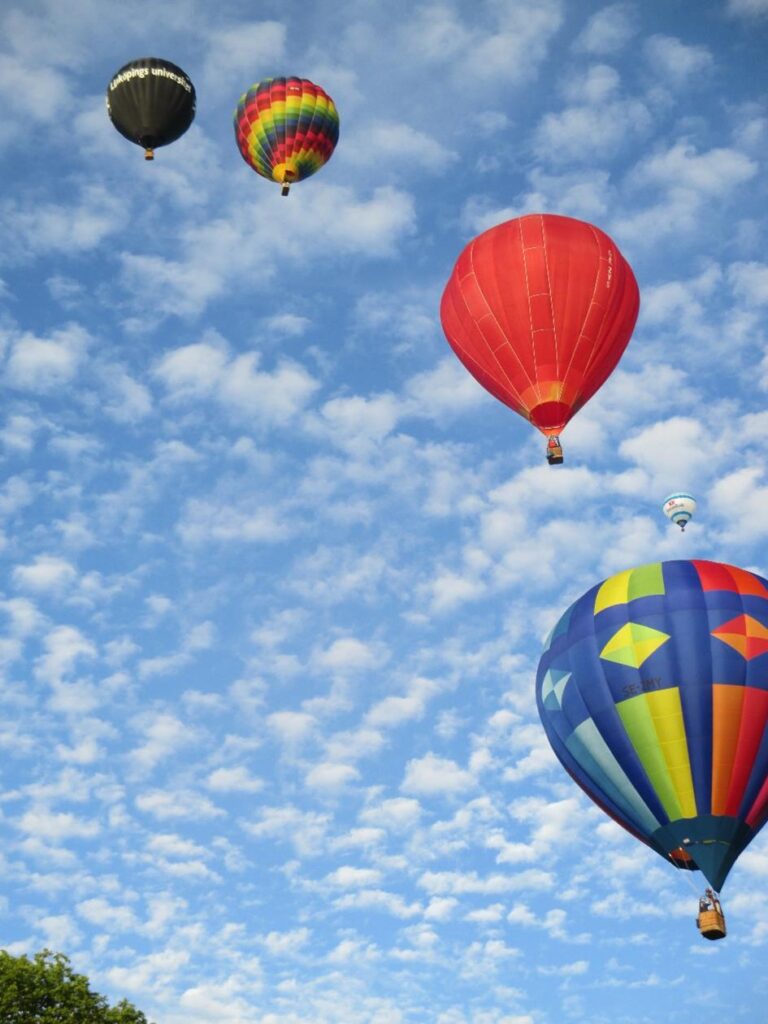 Flera luftballonger mot himmel.